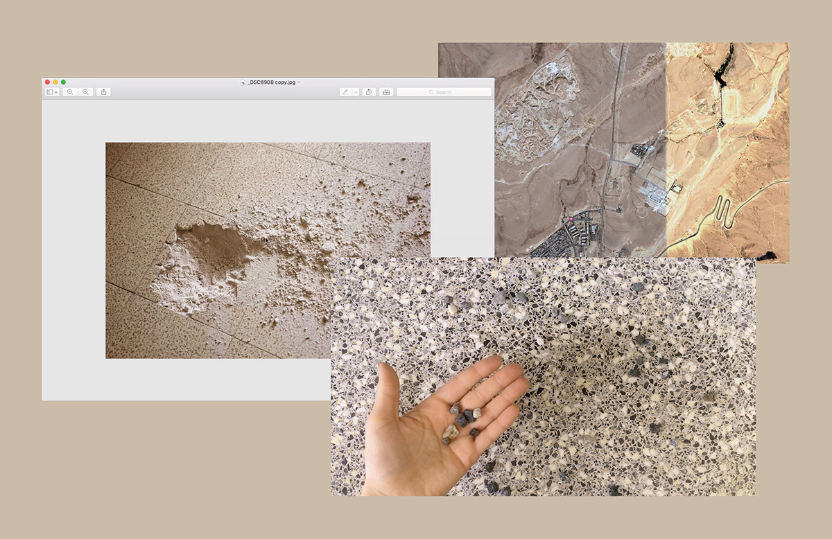 Documentation from the work process: A screenshot of a photo by Dan Robert Lahiani, a film still from a video by Adina Camhy and a satellite image of an abandoned quarry in Mitzpe Ramon (Google Maps), Adina Camhy and Dan Robert Lahiani, 2020