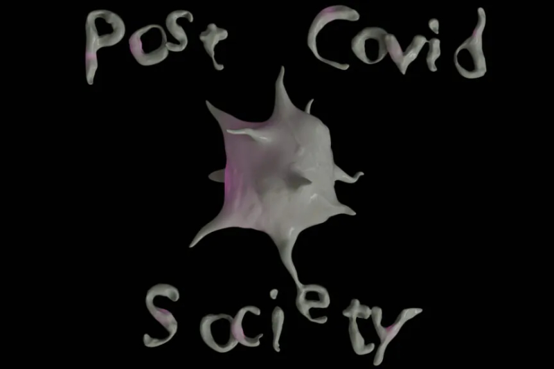 Sujet with text: "Post Covid Society" by June Kitho